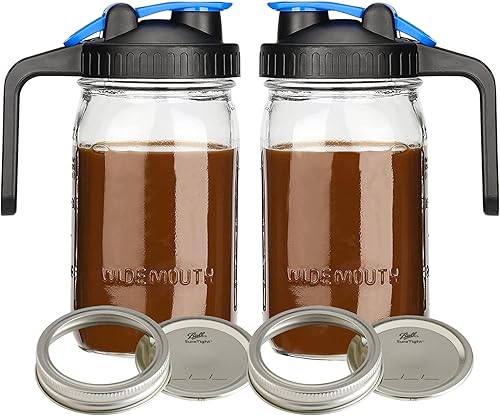 Mason Jar - Jarra de medio galón de 64 onzas con boca ancha jarra de vidrio estética con tapa y banda jarra de cerveza fría para té jugos café