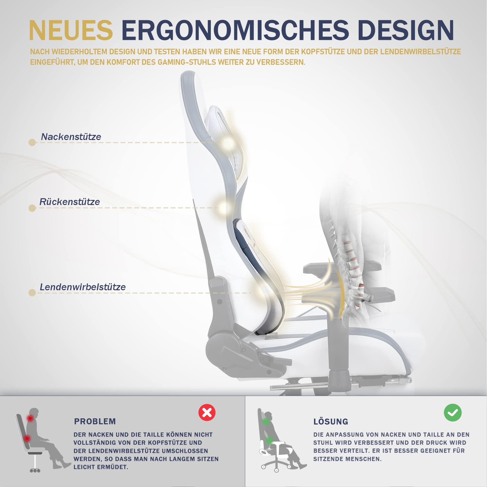 Dowinx Sedia Gaming con braccioli 4D, ergonomica, con poggiapiedi, in pelle PU, comodo supporto lordosi, grande e alta, 180 kg, bianco