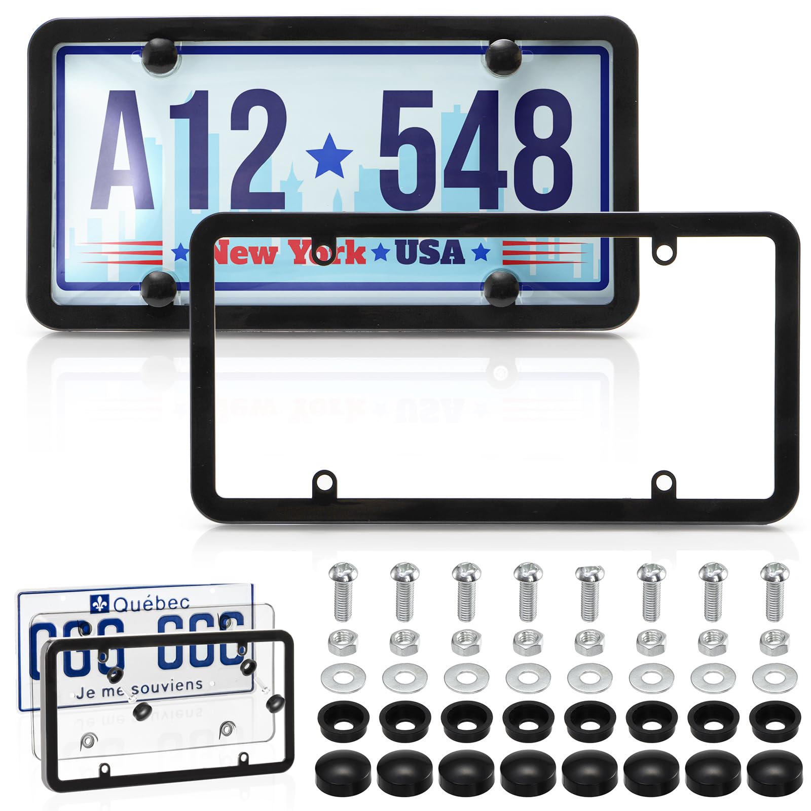 Nicunom 2 Pack Clear License Plate Covers and Frames Combo, License Plate Frame with Protector, Universal Car License Plate Shield Holder for Standard US Plates with Screws Caps