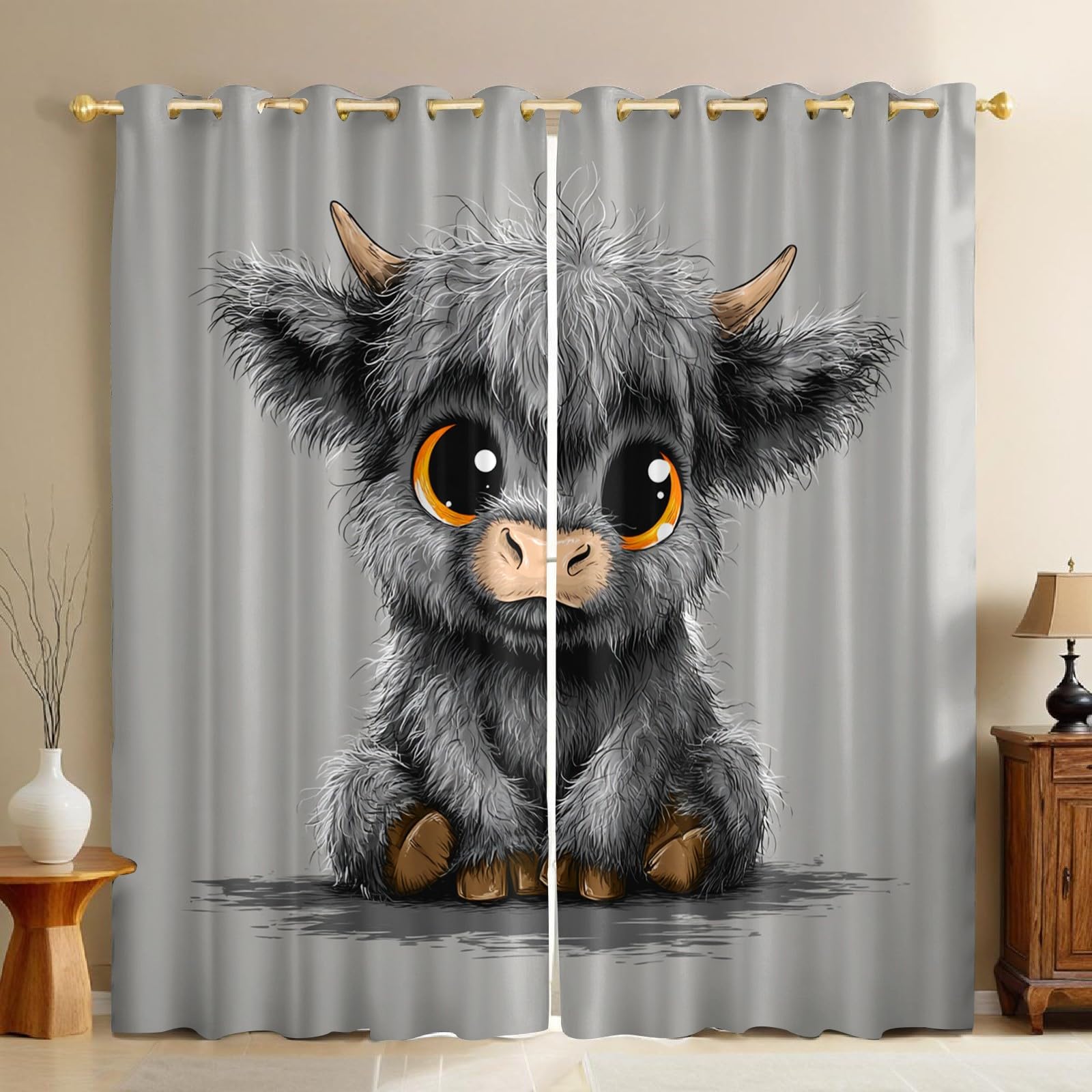 Grau Verdunkelungsvorhänge Blickdicht Thermovorhänge Karikatur, Hochlandrind mit Ösen, Wärmeschutz Energiespar Gardinen für Kinderzimmer Wohnzimmer, 2er Set H229 x B117 cm