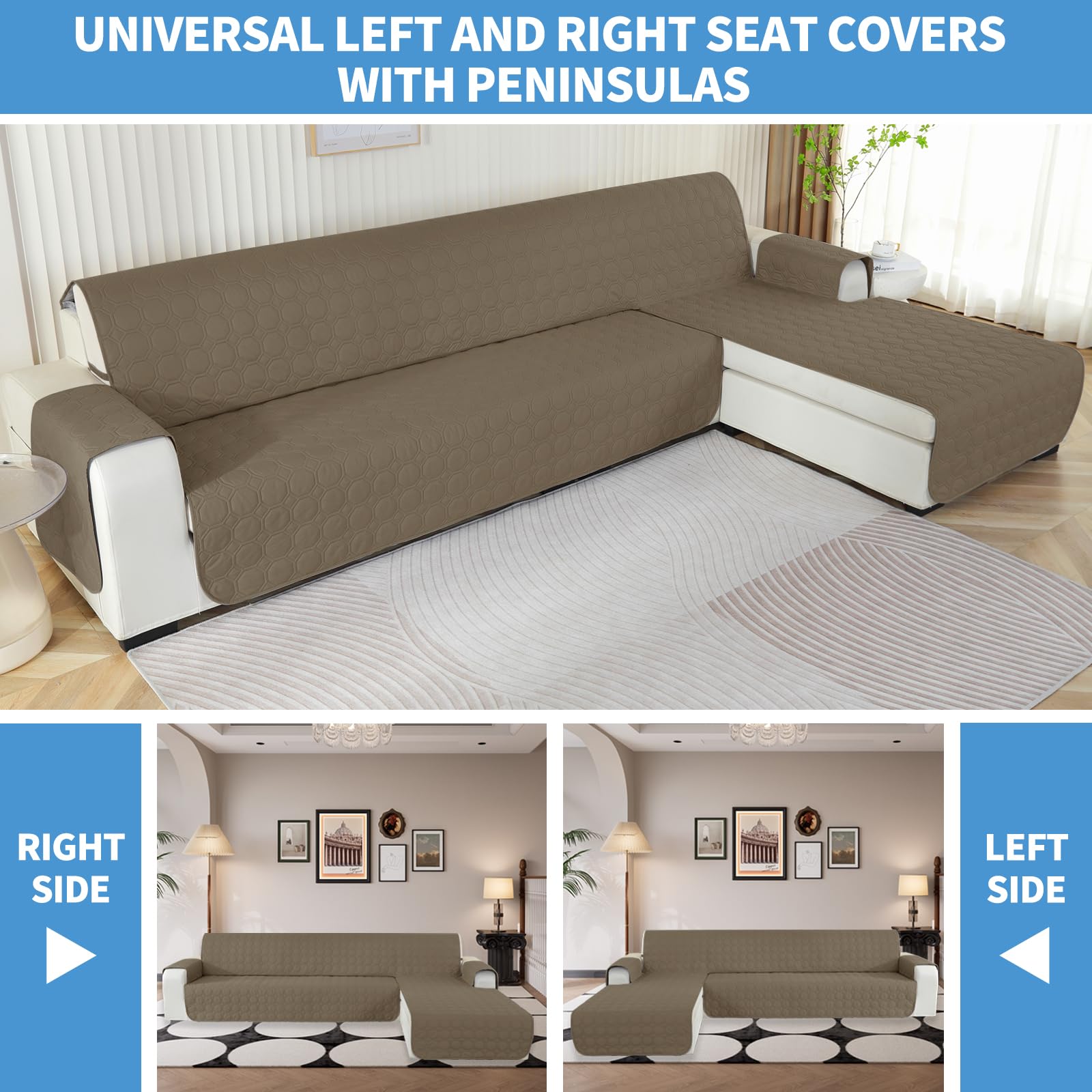 Ystyle Copridivano Impermeabile con Penisola 3 Posti (L 255 CM), Copridivano Angolare Destra/Sinistra Universale Reversibile, Copridivano Chaise longue Antigraffio Antimacchia, Caffè Chiaro