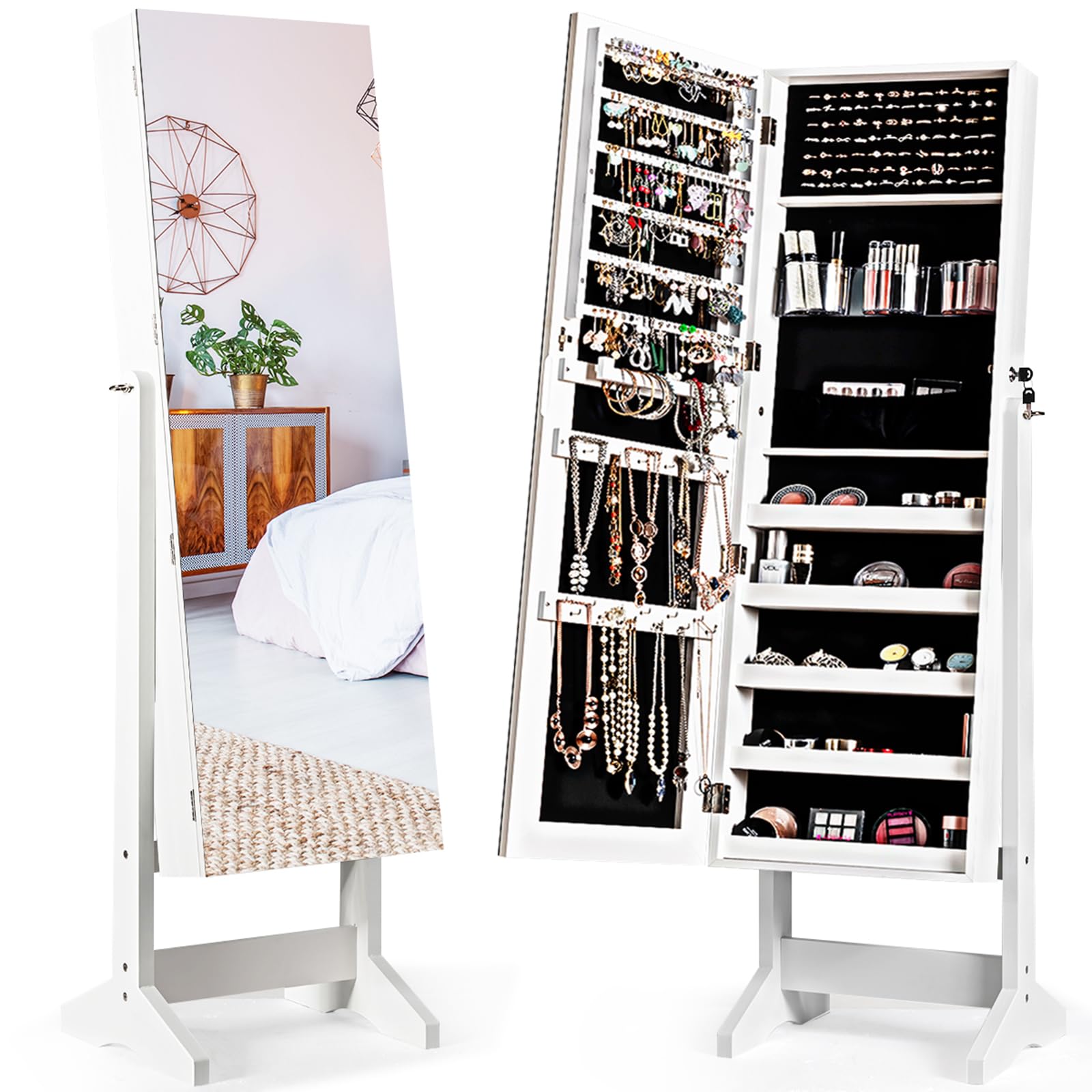 COSTWAY Specchio Portagioie da Terra, Armadio per Gioielli (Bianco) | 4 Angoli Regolabili, Armadietto Portagioie in Legno, con Chiavi, per Soggiorno Camera da Letto
