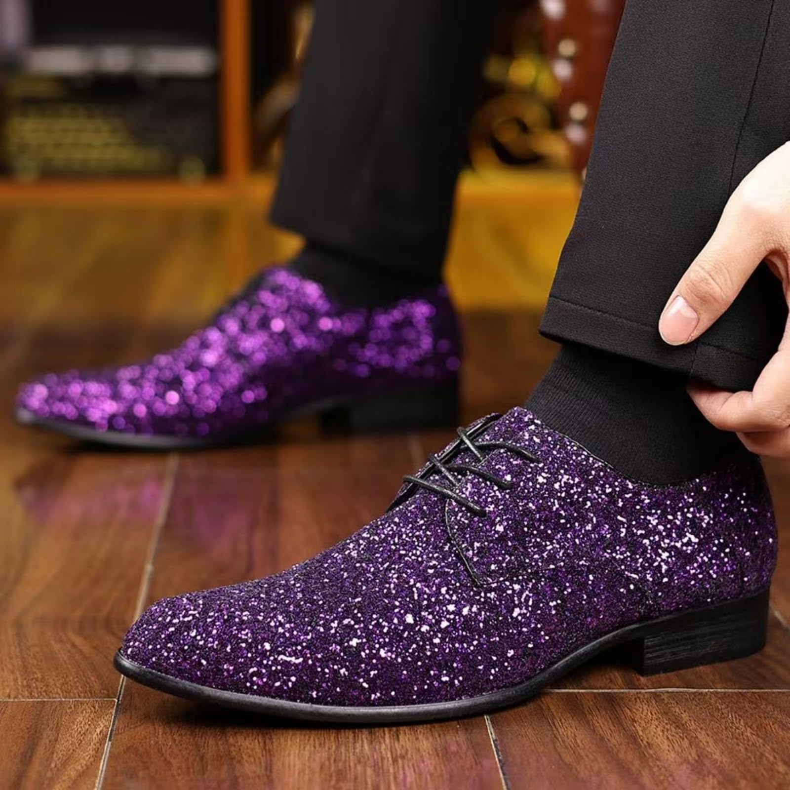 Hixingo Chaussures Habillées Oxford en Paillettes pour Homme, Chaussures Ville Homme 39-48 EU Derby Masculin Basse Business en Sequins Confortable Antidérapantes pour Disco, Officiel