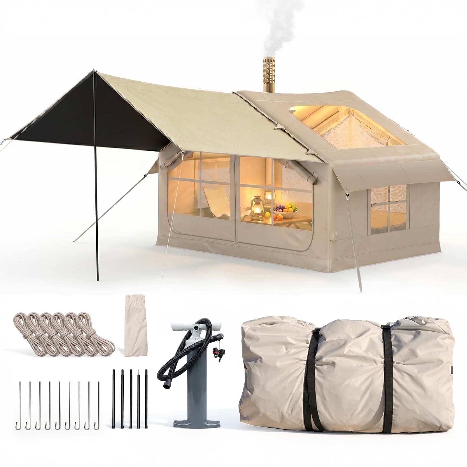HAUSPROFI Aufblasbares Zelt für 2-4 Personen, Campingzelt mit Dachfenster & Kaminöffnung & Luftpumpe, Outdoor Zelt aus Wasserdichtem Oxford-Stoff, Schneller Aufbau