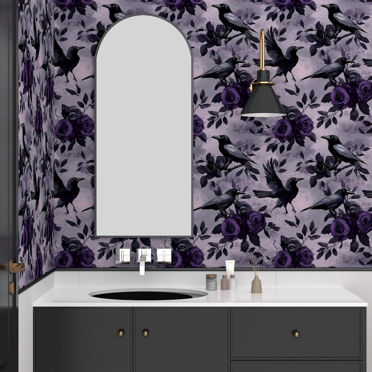 Black Crow Bird Wallpaper Peel and Stick, Vintage Purple Rose Floral Contact Paper, Dark Goth Witchy Wall Paper Self Adhesive Removable Waterproof for Bedroom Shelves Cabinet Drawer Table 17.5" x 118"