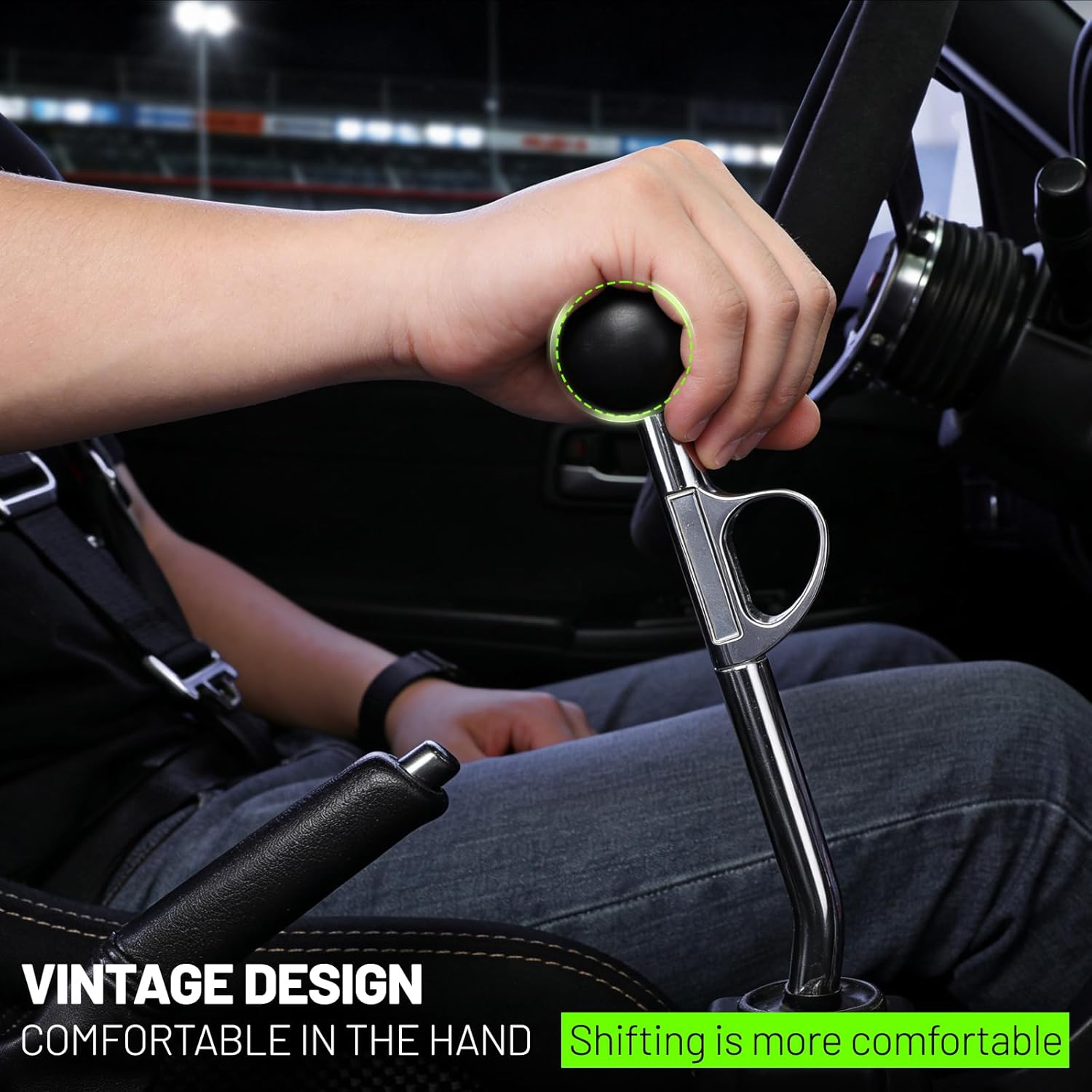 A hand gripping the Avutrel Trigger Shifter, demonstrating comfortable operation and vintage design.