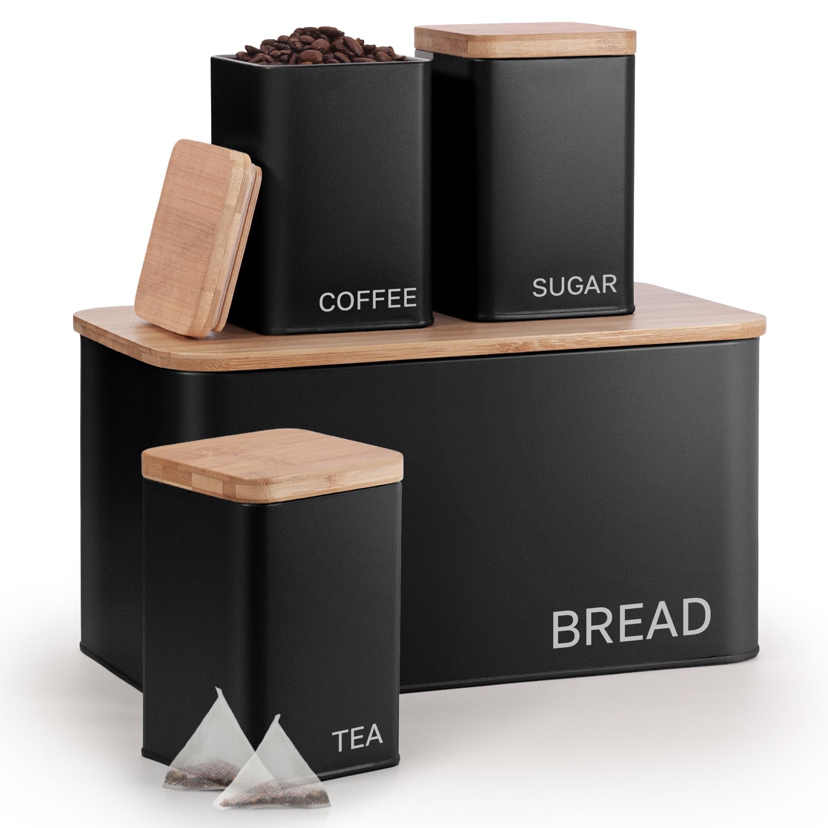 EHC Set of 4 Tea, Sugar, Coffee & Bread Bin Canisters Set, Kitchen Storage Jars with Airtight Lids, Containers Jars Set, Black