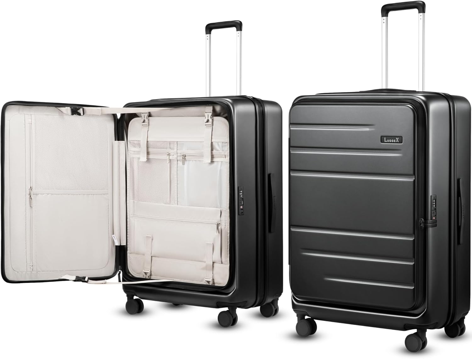 LUGGEX Checked Suitcase with Spinner Wheels, FLO5 Expandable Polycarbonate Hard Shell Suitcase with TSA Approved Lock (FX-Core, Black, 28 Inch)