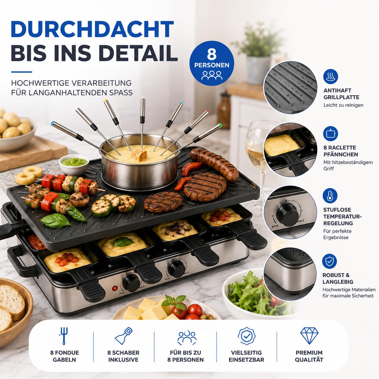 Appareil à raclette pour 8 personnes - Avec plaque de cuisson et fonction plaque de pierre - Barbecue de table avec poêlons et grattoir