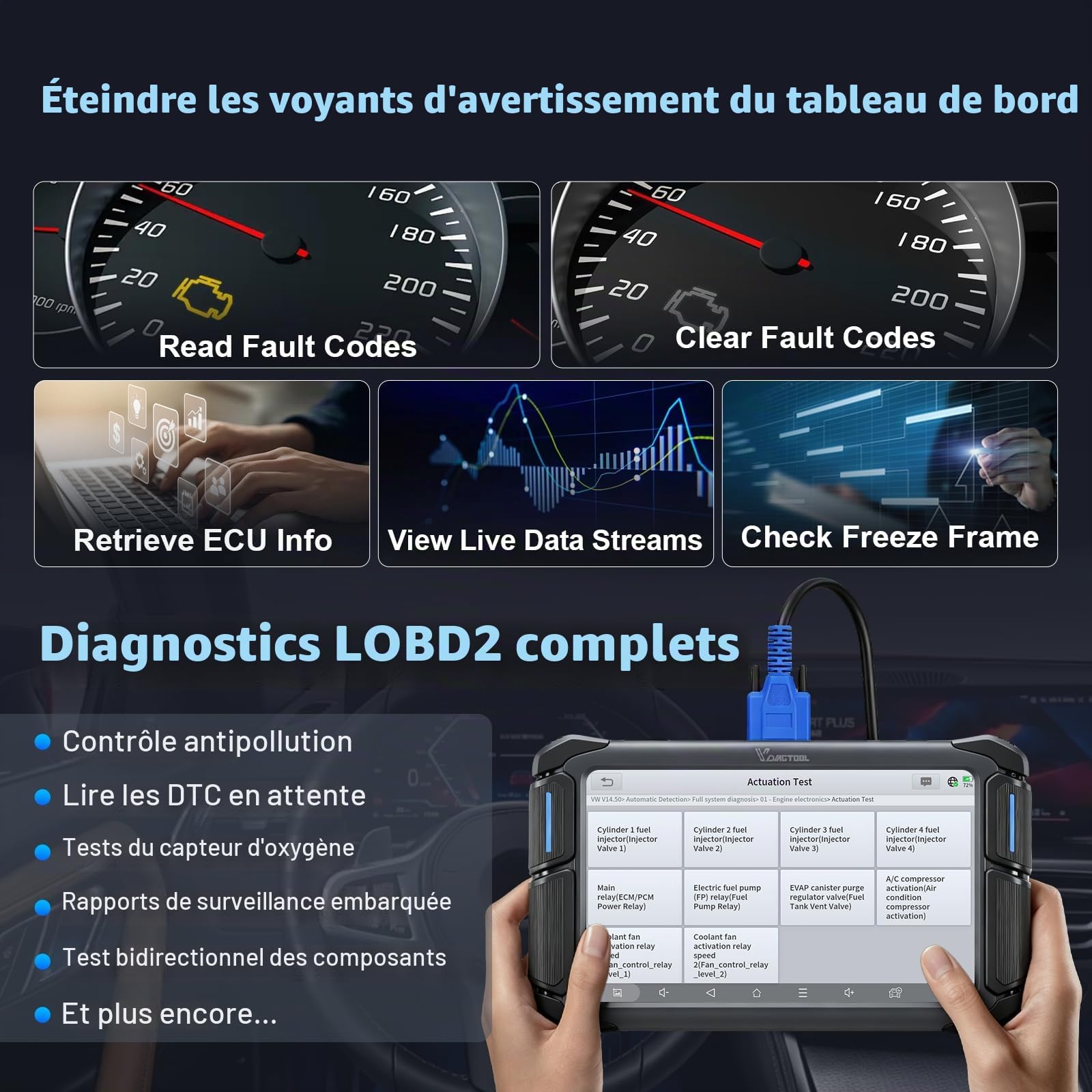 Valise Diagnostic Auto VDIAGTOOL VD70 Lite, Bidirectionnel OBD2 Diagnostic Voiture Français et 31 Réinitialisations, Gratuit à Vie Diagnostic de Tous Systèmes, Boitier OBD FCA AutoAuth, CANFD & DOIP