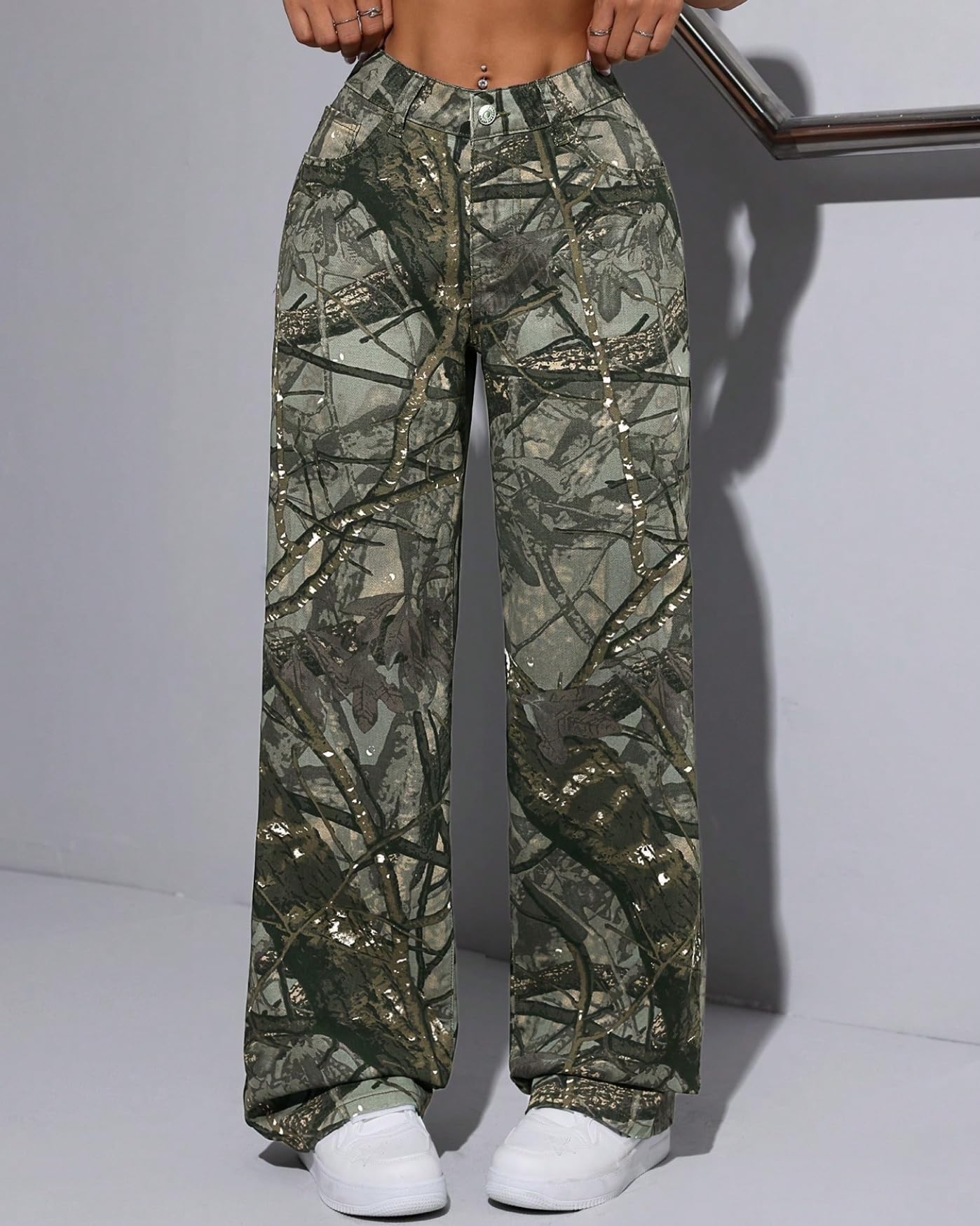 EZAPINE Cargohose für Damen, Camouflage, niedrige Taille, weites Bein, Jeans, schmale Passform, Sweatpants mit Taschen