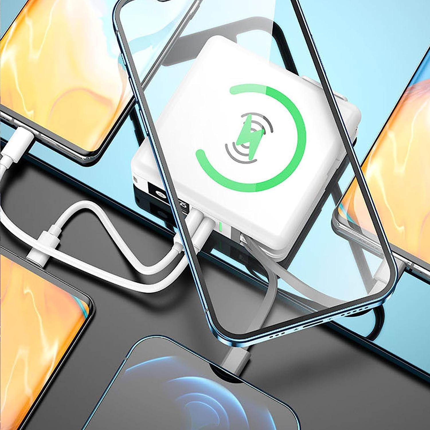 Pwr Travel - Międzynarodowy power bank 5 w 1, przenośna ładowarka z wtyczką sieciową AC i wbudowanymi kablami, power bank 10000 mAh USB C z bezprzewodową ładowarką, 4 wyjścia 2 wejścia + szybkie ładow