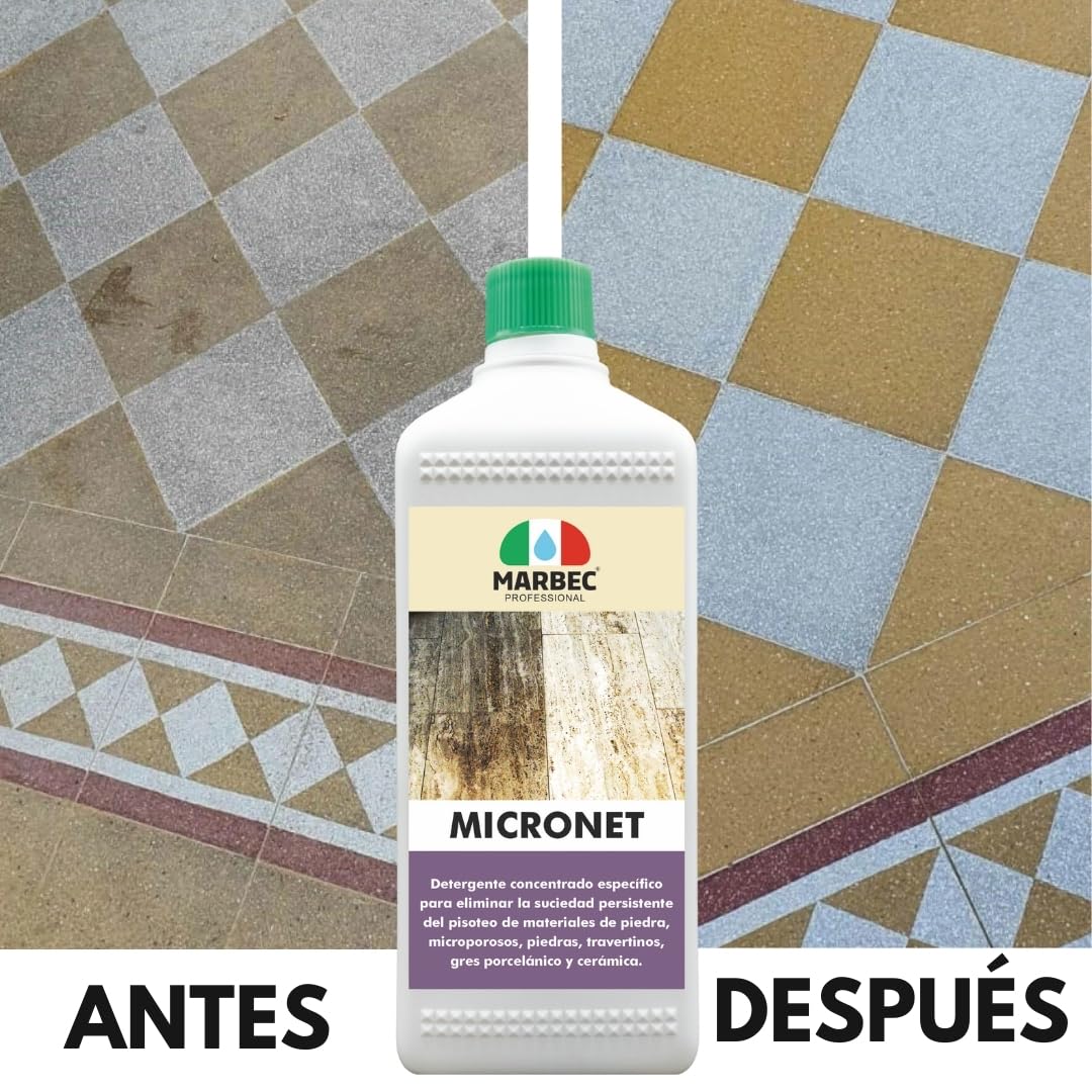 MARBEC MICRONET 5LTX4PZ Detergente específico para eliminar la suciedad de tráfico en materiales líticos microporosos, como piedras, travertinos y gres porcelánico.