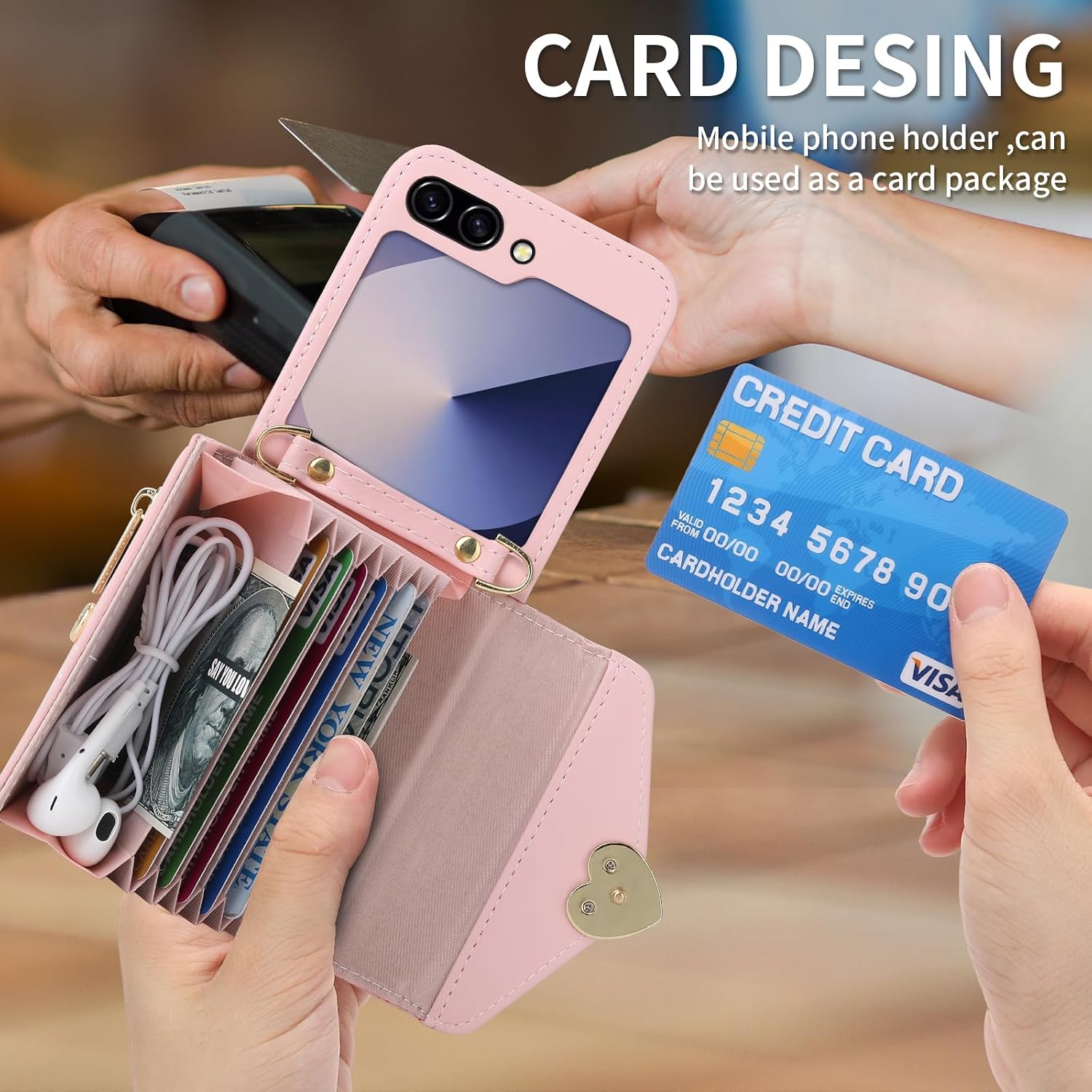 for Samsung Galaxy Z Flip 5 Wallet Case, Love Clasp Flip Wallet, 8 Card Slots Large Capacity, Long Strap. Mini Z Flip 5 Case for Young Fashionable Women Pink