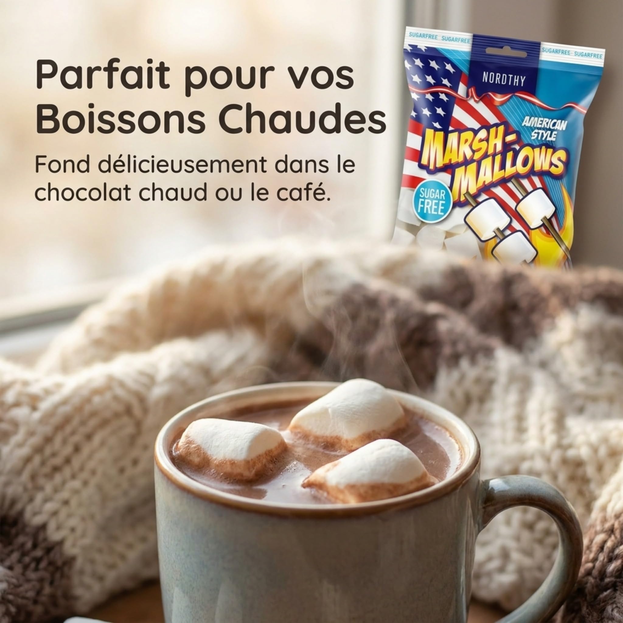 Nordthy Marshmallows American Style Sans Sucre 2x100g – Guimauves Moelleuses à la Vanille – Confiserie Faible en Calories – Chamallows Sans Sucres Ajoutés