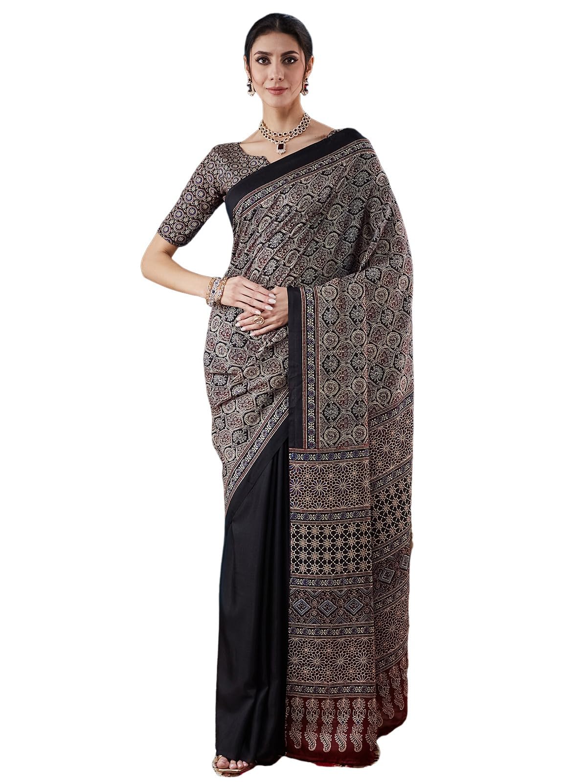 Satrani Women's Silk Crepe Ajrakh Print Saree With Unstitched Blouse Piece (4057S641N_Black & Multi)