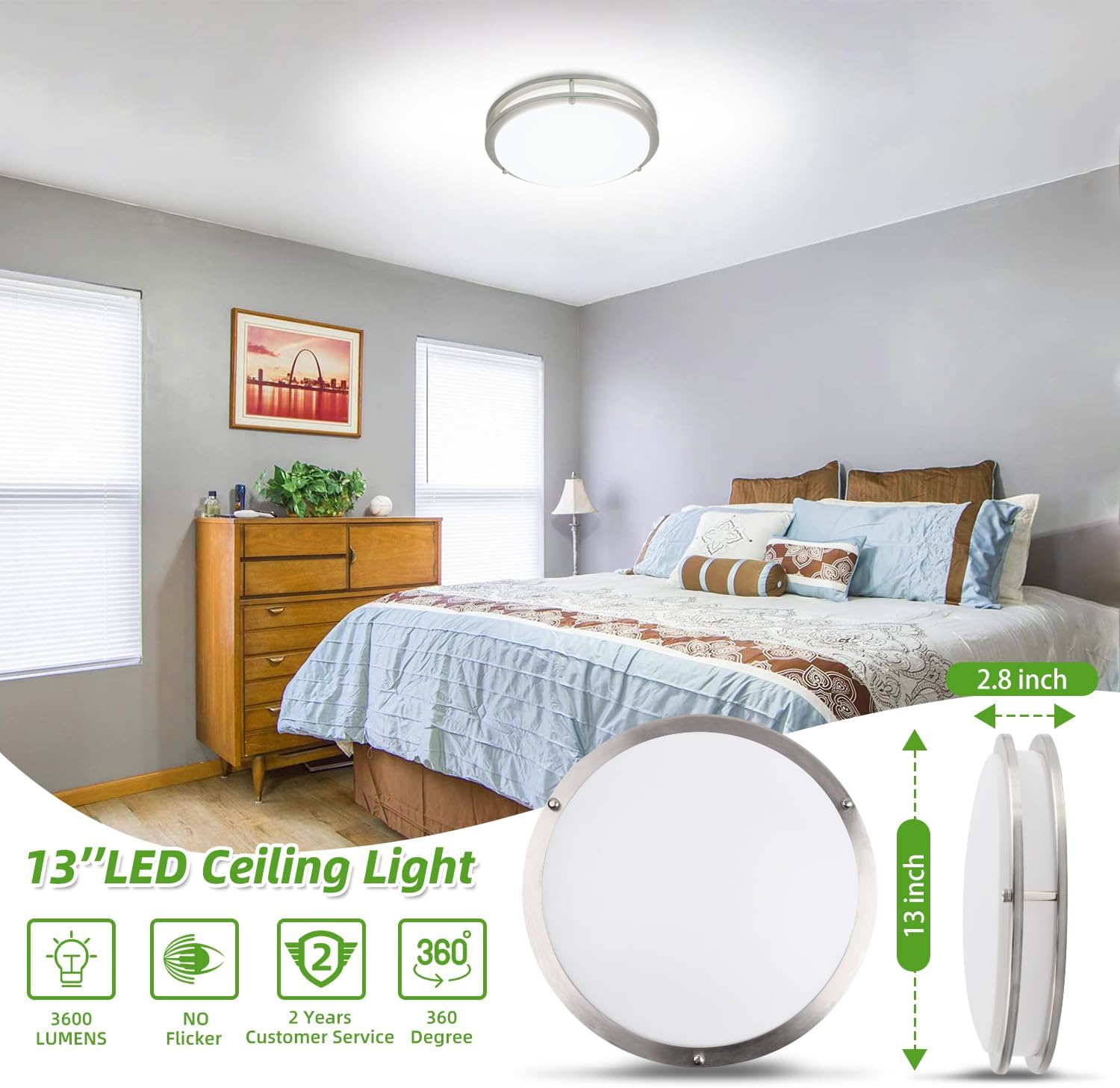 Hlite 13inch LED Flush Mount Ceiling Light, 36W 3600LM Ultra Bright, 5000K Daylight White Ceiling Light Fixture for Bedroom Kitchen Bathroom Hallway, Nickel