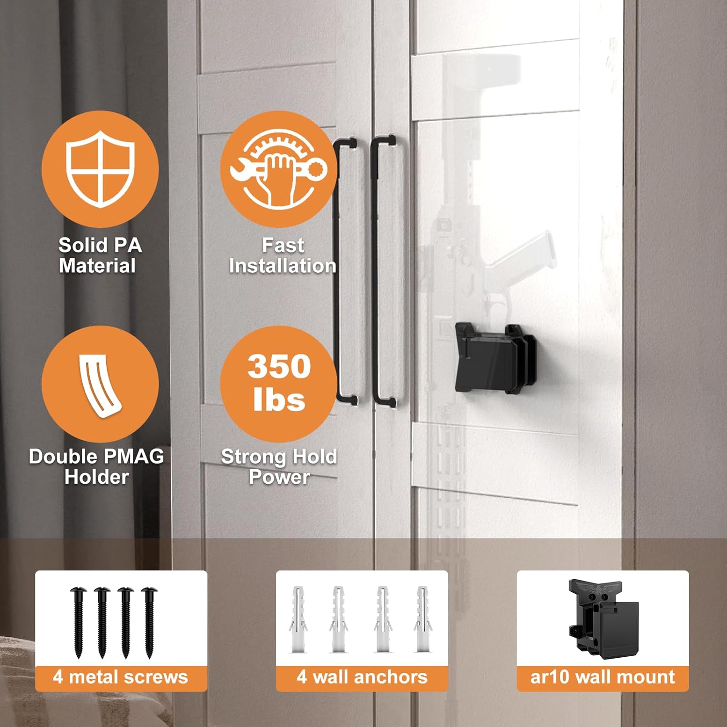 Gun Wall Mount, AR10 Rifle Wall Rack Mount with Strong and Solid PA Material, Load Bearing Capacity 300Lbs of Tension for 308/7.62 Rifle, AR Wall Mount with Double PMAG Holder