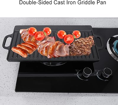 Non Stick Cast Iron Grill Griddle, Pan Ridged and Flat Double Sided Baking Cooking Tray Bakeware
