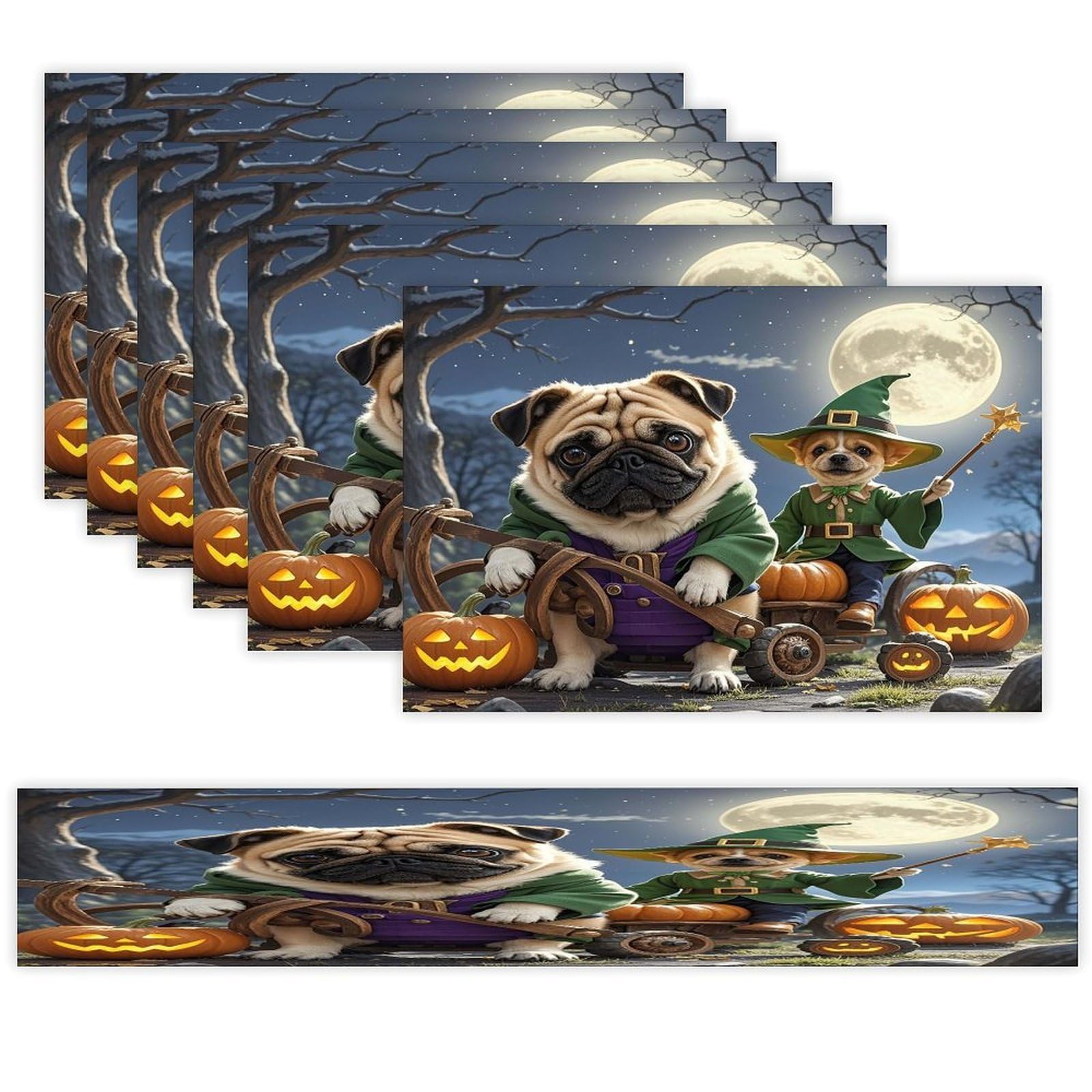 Dog and Pumpkin Carriage Table Runner and Placemats of 6 Washable Heat Resistant Place Mats with Table Runner Vintage Holiday Table Mat Set for Holiday Party Kitchen Dining Deco