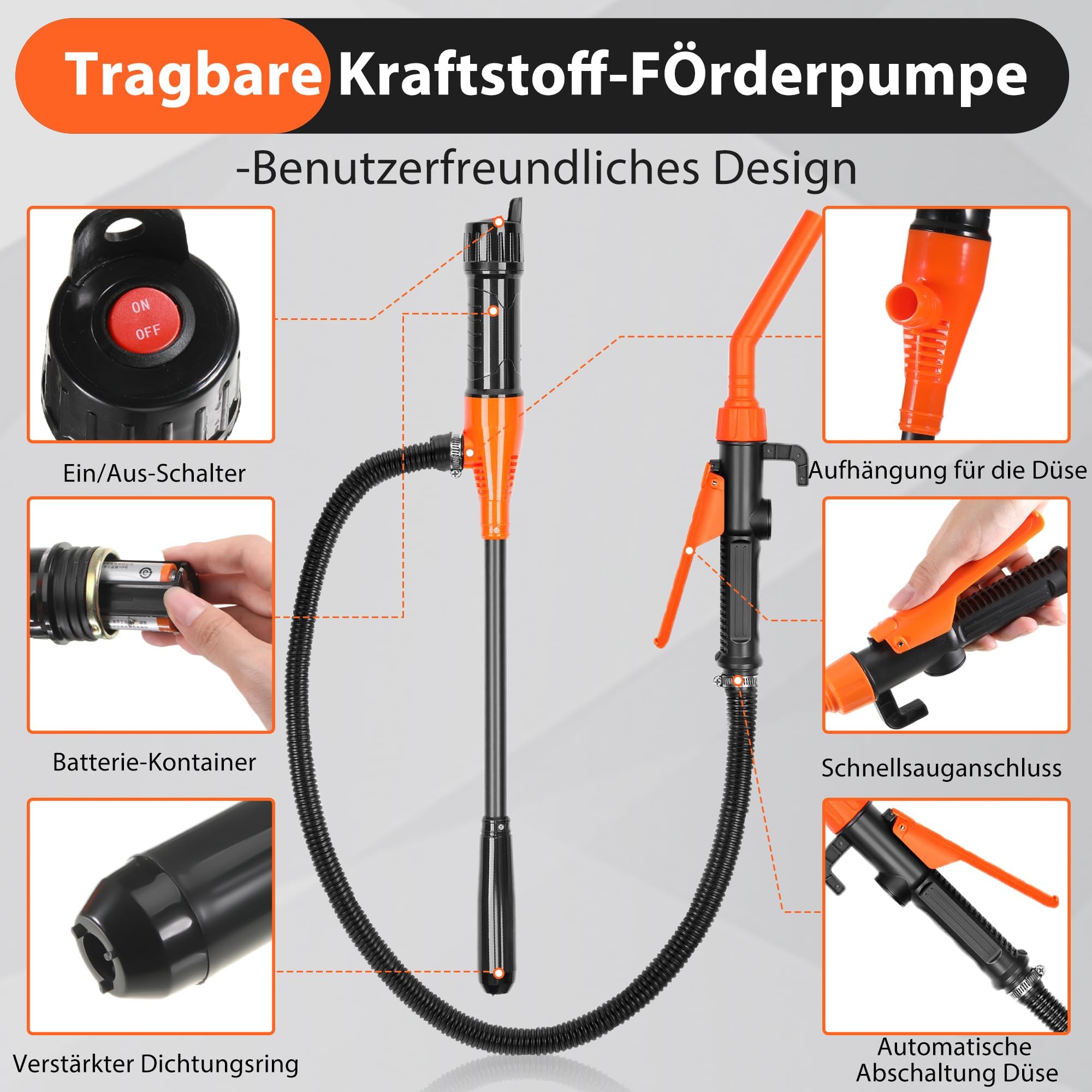 Pompa Trasferimento Liquido Pompa Multifunzione Alimentata a Batteria, Pompa Fino a 9 Litri (2,4 GPM) Al Minuto Pompa Portatile per Benzina, Diesel Acqua, Carburante (Arancione)