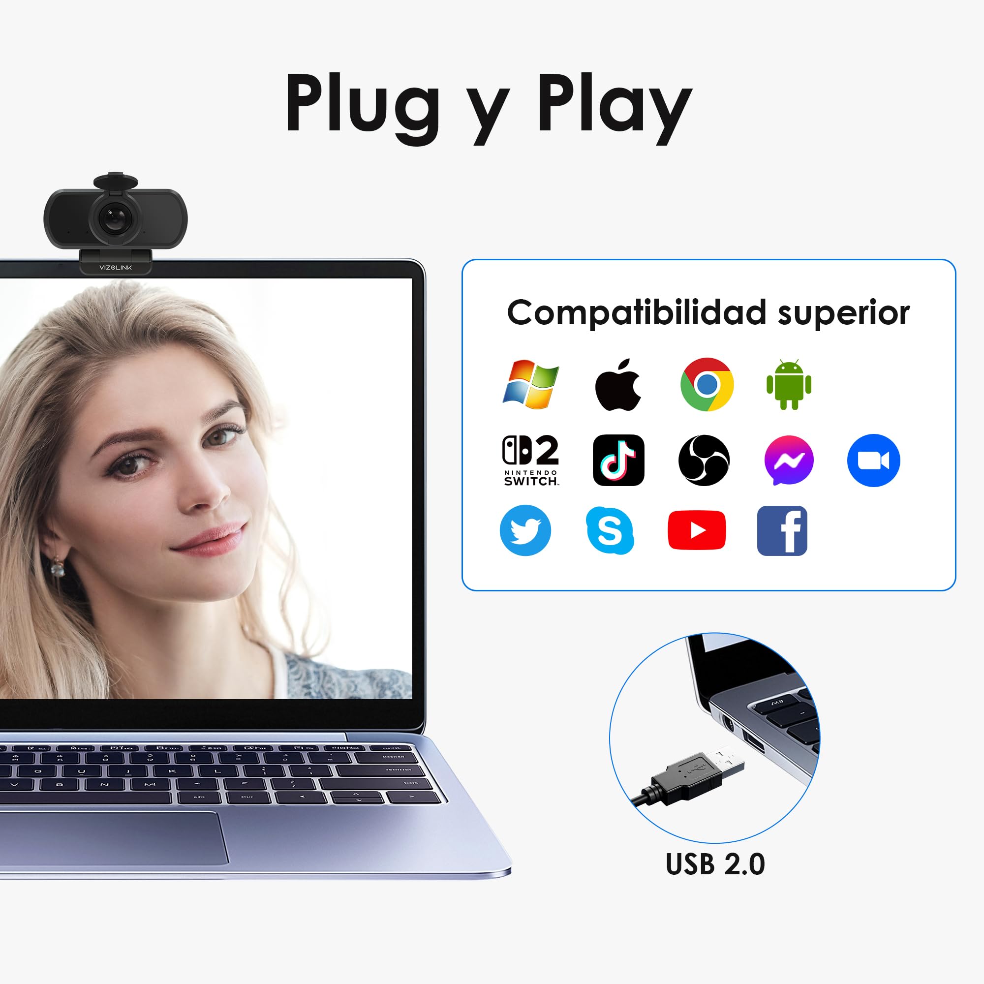 N51A Webcam Full HD 2.5k 30FPS Webcam PC con 2 Micrófono 110°Ángulo de Visión Corrección de Iluminación para Windows MacOS Linux Soporta Youtube Streaming Video Calling Zoom Videoconferencia