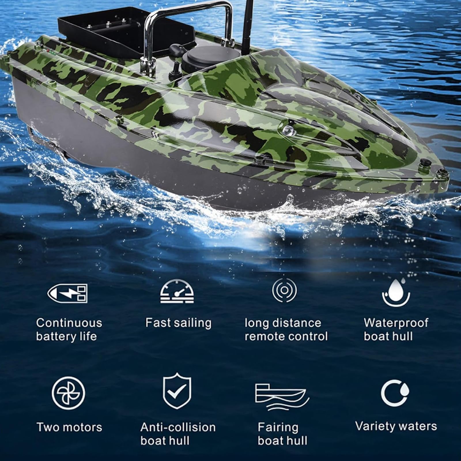 Barco de cebo RC de 500 m para pesca con 2 baterías de 12 000 mAh y bolsa para bote, retorno automático por GPS, capacidad de carga de 1,5 kg (3,3 lb), contenedor de descarga y luz nocturna LED