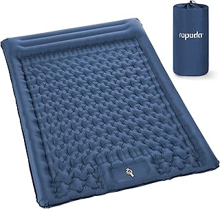 ROPODA Selbstaufblasende Doppel Campingmatte,ultraleichte Campingmatratze mit Kissen,eingebauter Fußpumpe,wasserdichte Schlafmatte mit Tragetasche zum Wandern und Rucksackreisen(Blau)