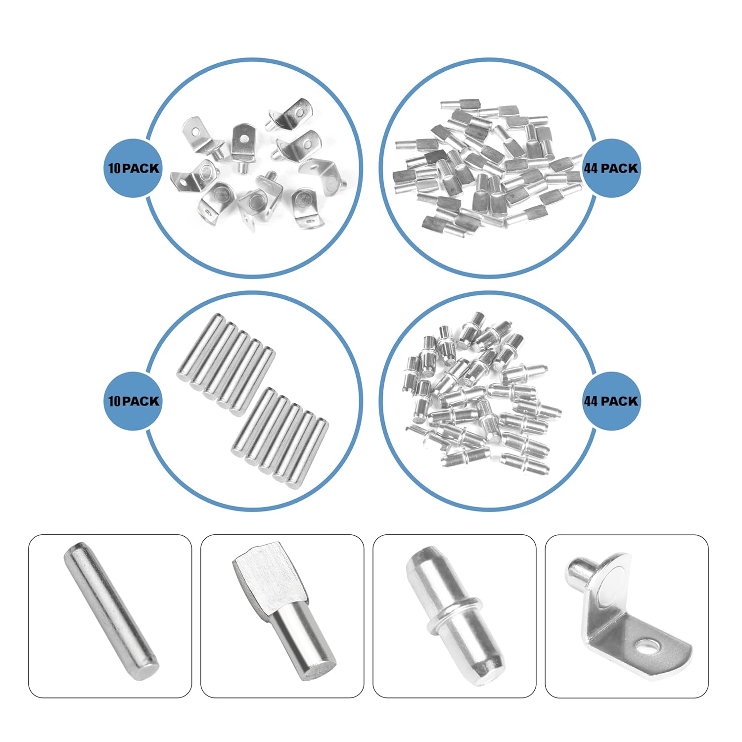 108 Pcs Shelf Pins Kit, Metal Nickel Plated Shelf Support Pin, Bookshelf Pegs Cabinet Shelf Bracket Pegs Shelf Pins Holders for Kitchen Furniture & Closet 4 Styles ( 5mm & 1/4inch )