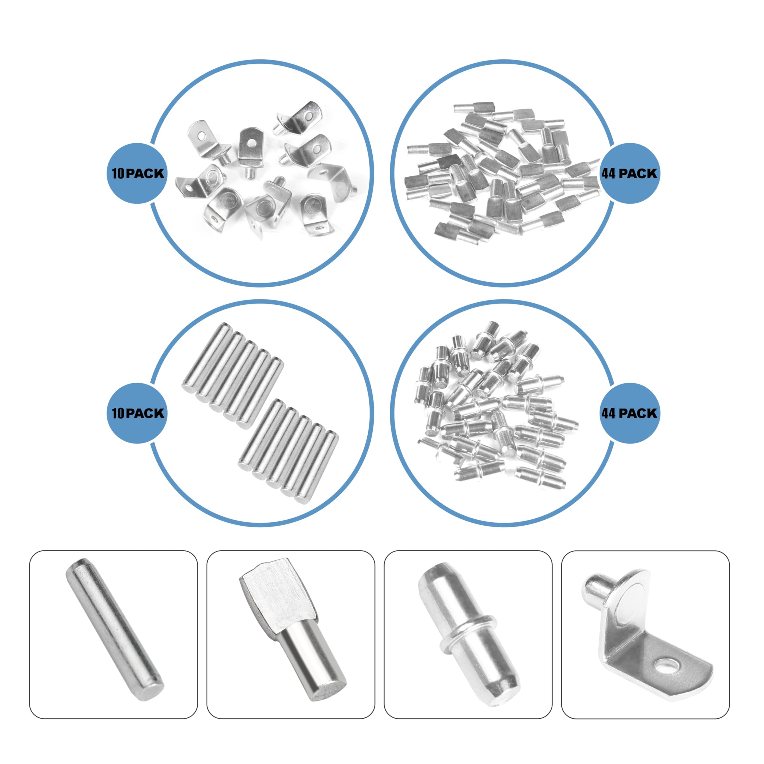 108 Pcs Shelf Pins Kit, Metal Nickel Plated Shelf Support Pin, Bookshelf Pegs Cabinet Shelf Bracket Pegs Shelf Pins Holders for Kitchen Furniture & Closet 4 Styles ( 5mm & 1/4inch ) — Amazon image 3