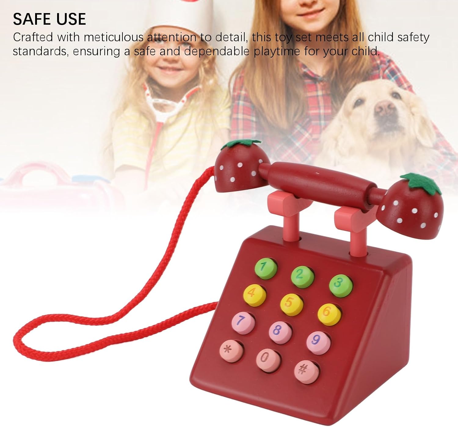Wooden Telephone Decorative High Simulation Toy for Kids Beech Wood Desk Phone Model for Creative Play Home Office Cafe (Red)