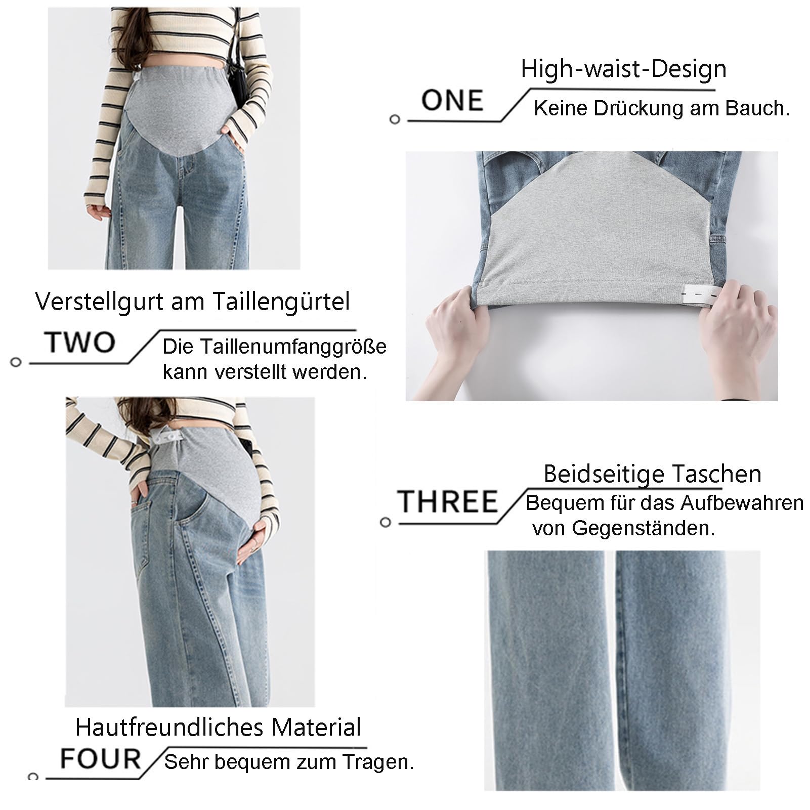 Jean pour femme enceinte avant et après l'accouchement : coupe large étroite, coupe ample, denim doux avec bande de réglage - pour les femmes de moins de 170 cm, avec poches pratiques