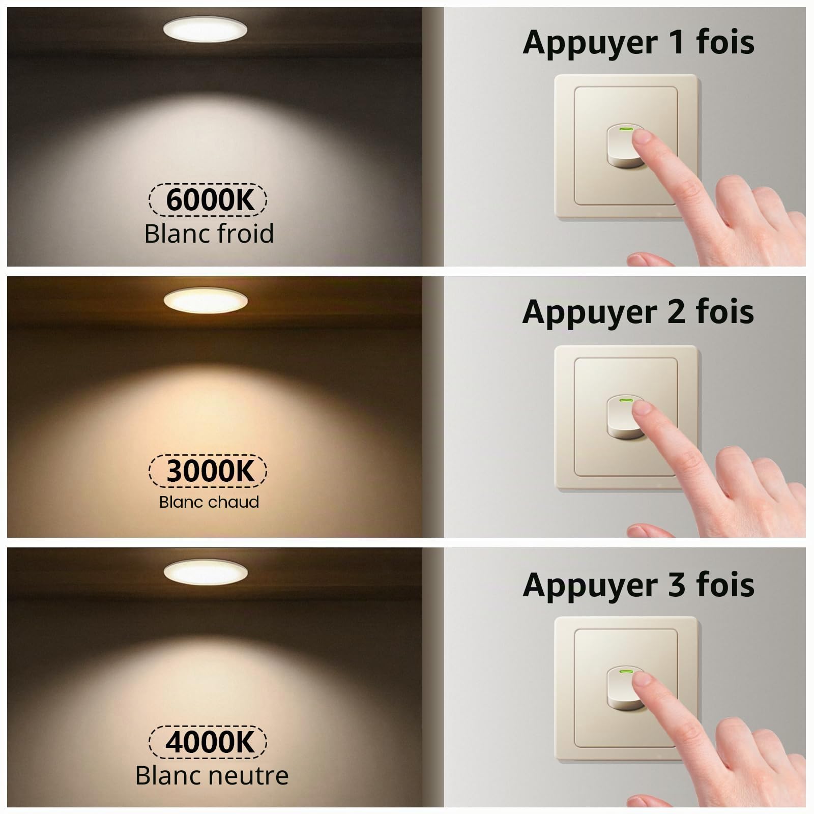 Spot LED 7W Blanc, Encastré Spot Salle de Bain IP44 Blanc Chaud 3000K/ Blanc Neutre 4000K/ Blanc Froid 6000K, 600LM 230V Encastré Downlight LED,Diamètre du trou Ø 88-100 mm, Lot de 5
