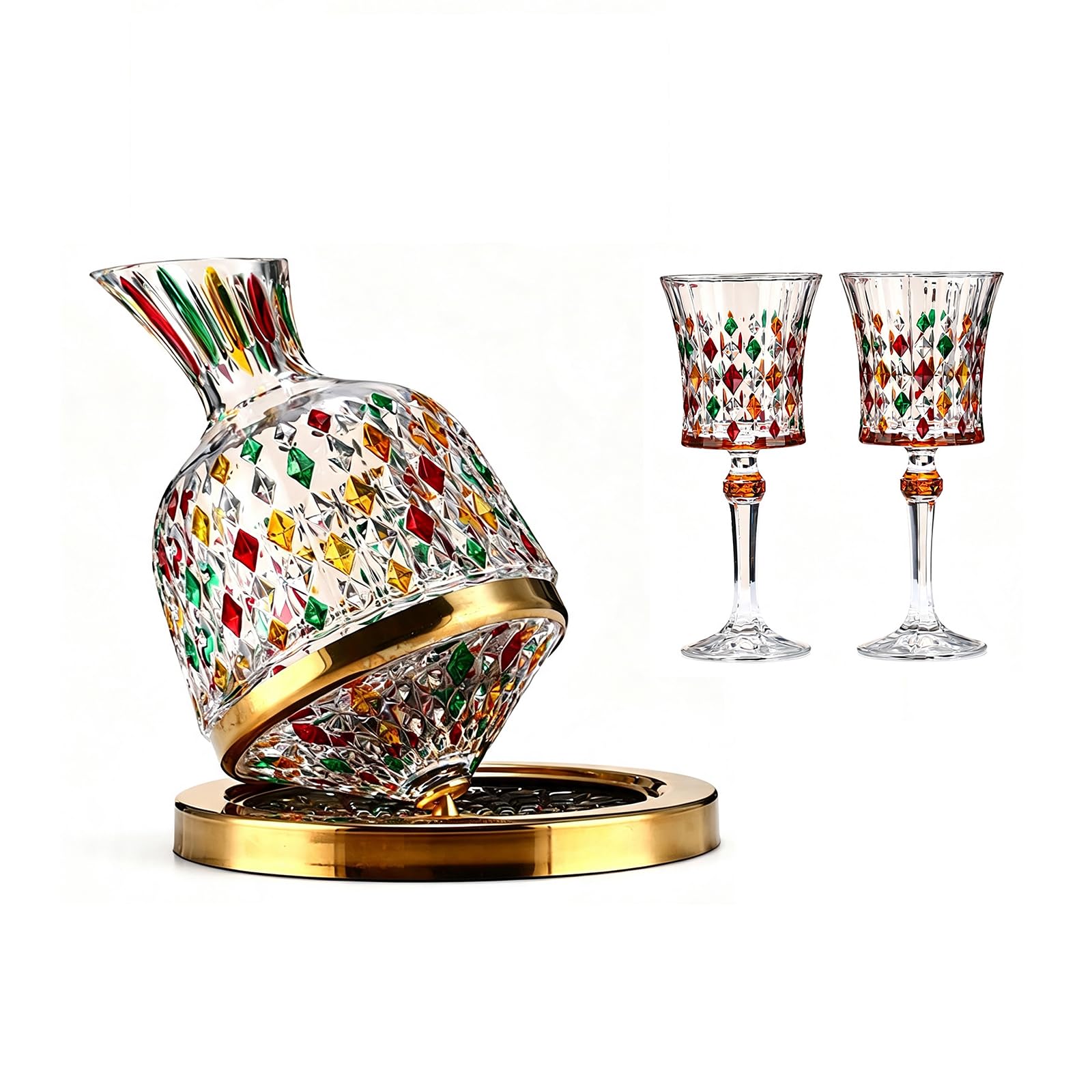 Set decanter per vino girevole con base in metallo e due calici da vino a stelo colorato modello di diamante cristalleria per casa bar pranzo e regalo scopo