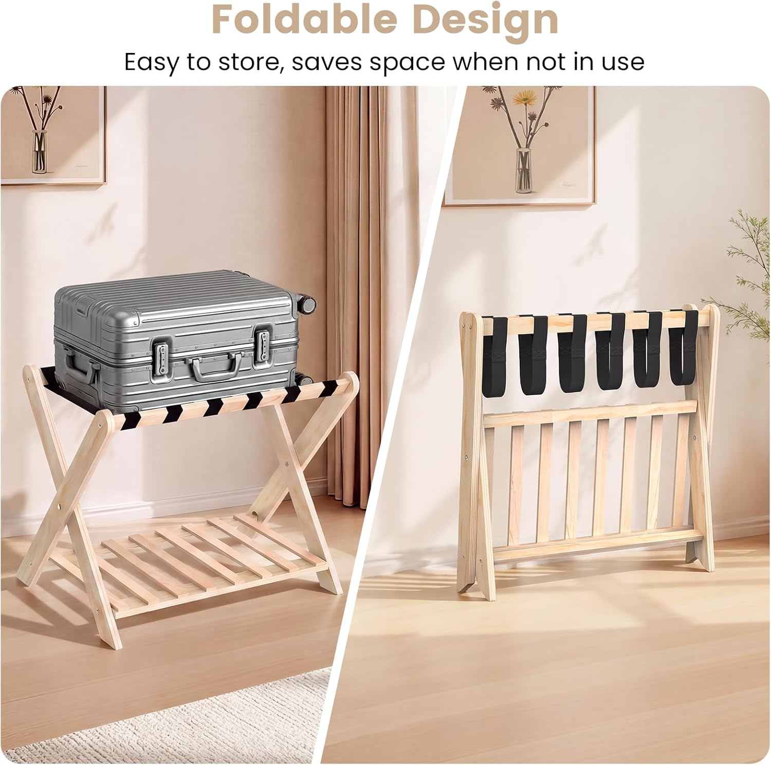 Luggage Rack Set of 2, Sturdy Wooden Luggage Rack for Guest Room, Folding Suitcase Stand with Storage Shelf, Luggage Stand with 6 Nylon Straps for Bedroom, Hotel