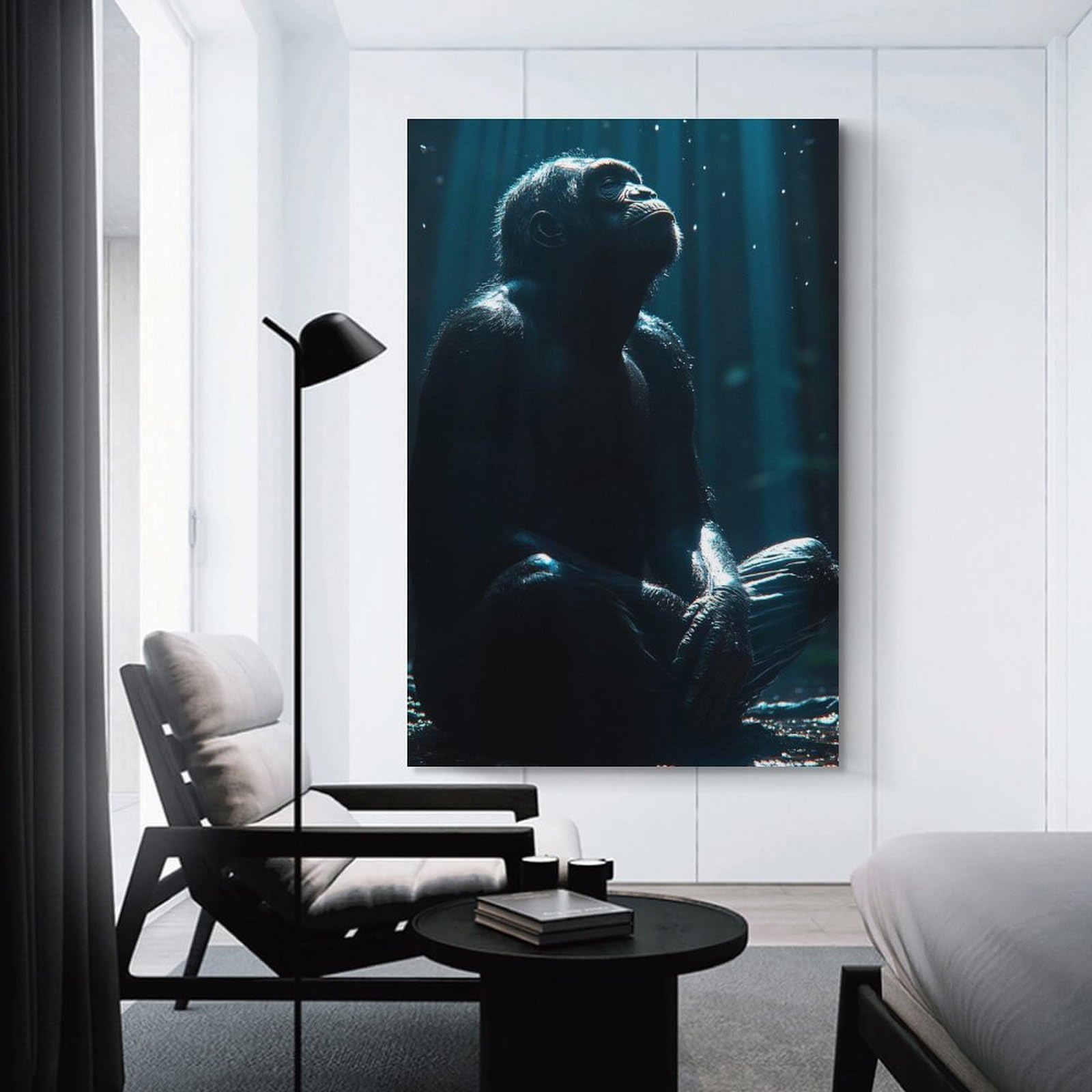 Junmoney Hanging Wall Art Chimpanzee Gazing Upwards in Blue Light, 20x30inch(50x75cm), for Wall Displays, Bedrooms Or Room Updates, Wall Decor Suited to Curated Displays