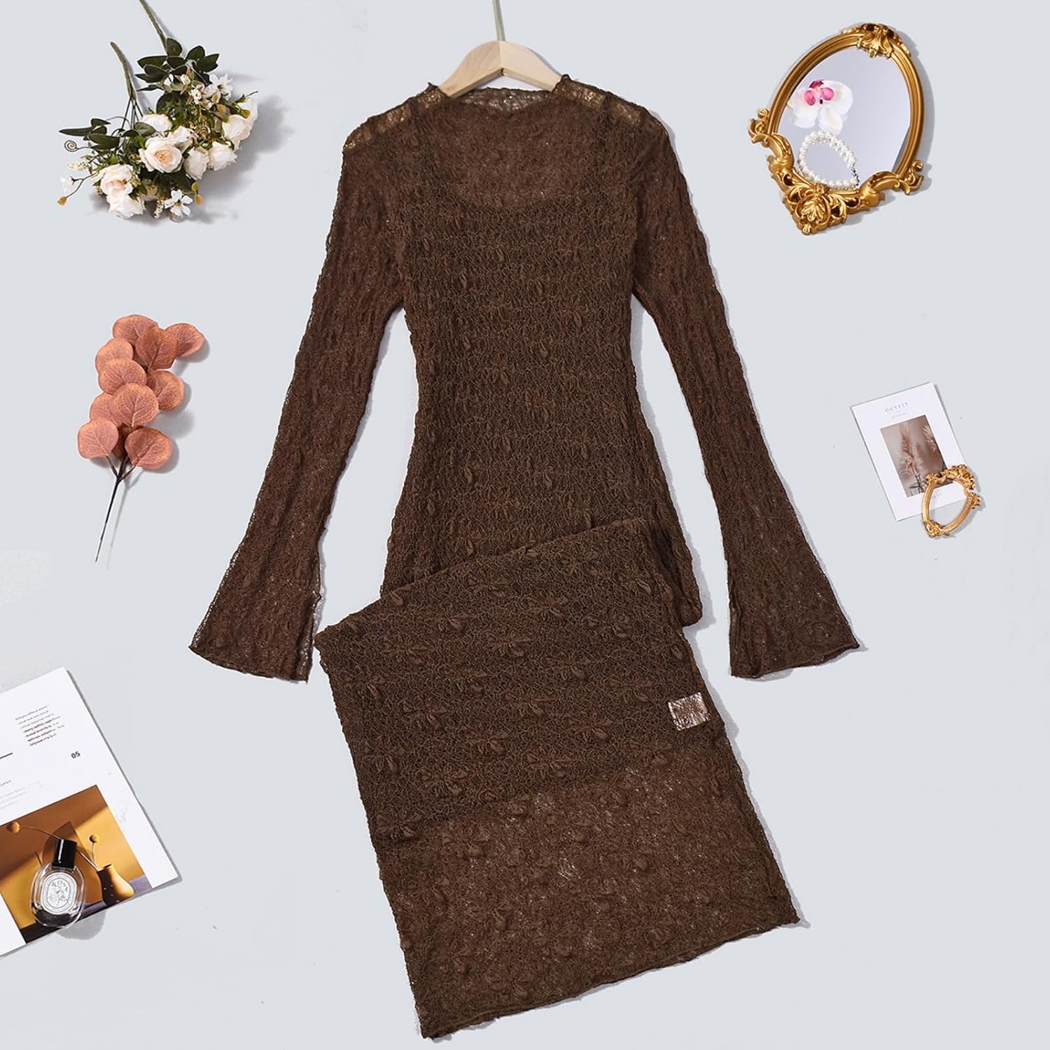 Women Sping Summer Club 2 Piece Long Sleeve Lace Sheer Bodycon Maxi Dress Boho Mesh Long Sundress