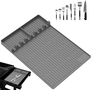 Premium Silicone Grill Side Shelf Mat with Drain Tray - Non-Slip BBQ Counter Protector, Reusable Thawing Plate for Outdoor Cooking, Fits Most Griddles & Countertops (Heat Resistant, Easy Clean) Gray