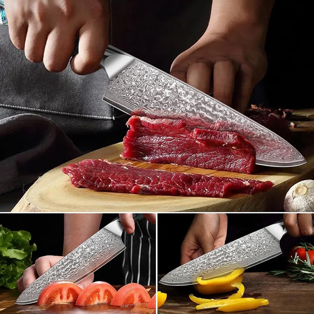 Generisch Couteau de Chef Professionnel en Acier Damas 20 cm, 67 Couches VG-10, Manche en Nacre d’Ormeau, Couteau Cuisine Extrêmement Tranchant pour Viande, Légumes et Fruits, Boîte Cadeau Incluse