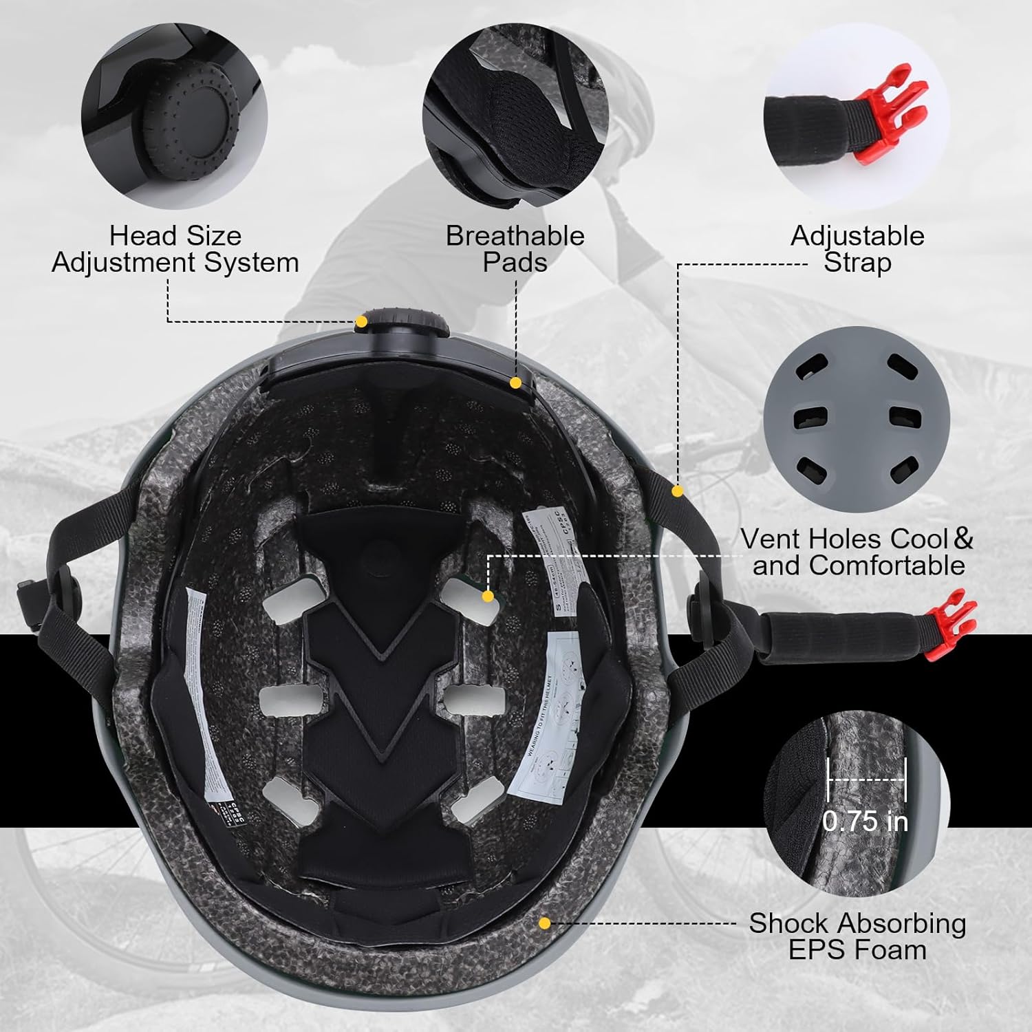 Bike Skateboard Helmet for Ages 5-8-14-16 Kids Youth Adults, Adjustable Multi-Sport Helmet for Scooter Bicycle Roller Skate Inline Skating Rollerblading Hoverboard Longboard, 3 Sizes