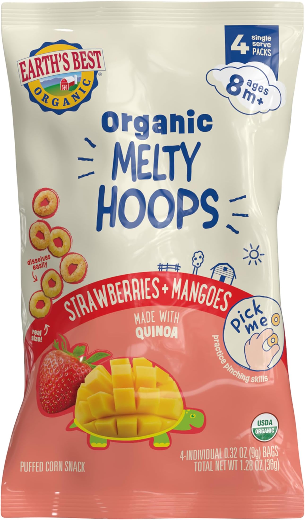 Earth's Best Organic Melty Hoops, Bite-Sized Snacks for Babies 8 Months and Up, Strawberry and Mango, 0.32 Ounce Individual Bags (Pack of 4)