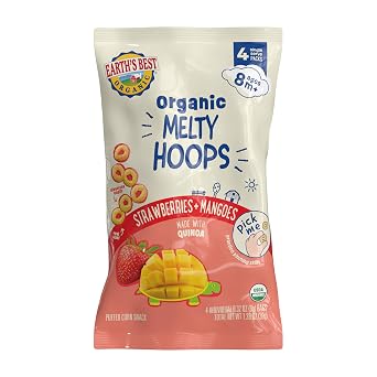 Earths Best Organic Melty Hoops, Bite-Sized Snacks for Babies 8 Months and Up, Strawberry and Mango, 0.32 Ounce Individual Bags Pack of 4
