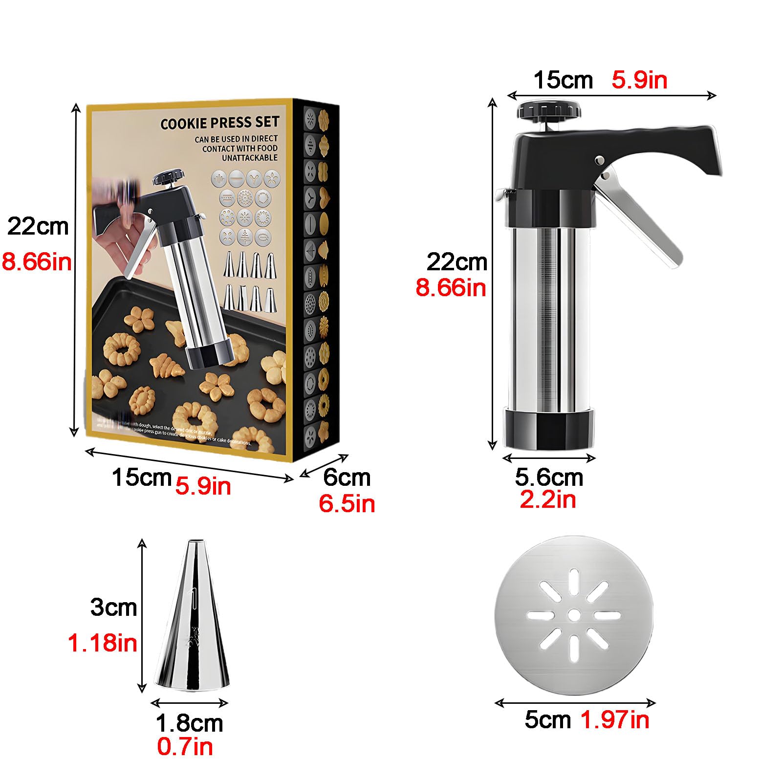 Pistolet à biscuits en acier inoxydable avec 8 douilles et 13 disques à biscuits – Outil essentiel de décoration de gâteau pour anniversaires, mariages, anniversaires et fêtes