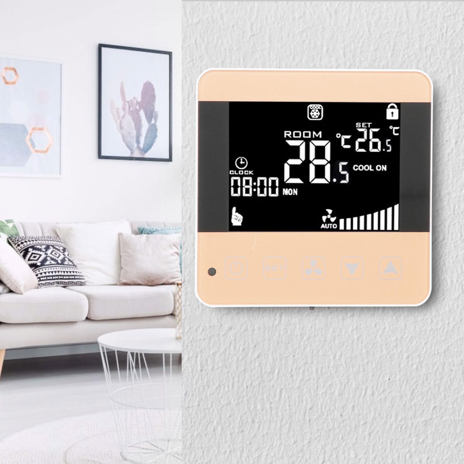 Termostato Fan Coil para Aire Acondicionado Central con WiFi, Pantalla LCD, Automático, Sensor y Velocidad Ajustable 3 Niveles (Alta, Media, Baja)