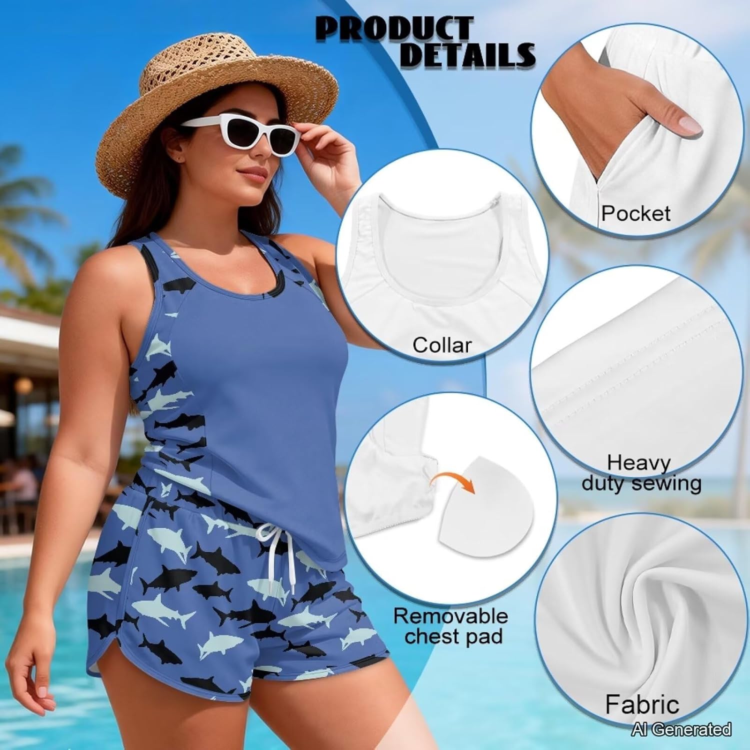 Women's Tankini Swimsuits Two Piece Tummy Control Bathing Suits with Pockets Boy Shorts Modest Swimwear Plus Size