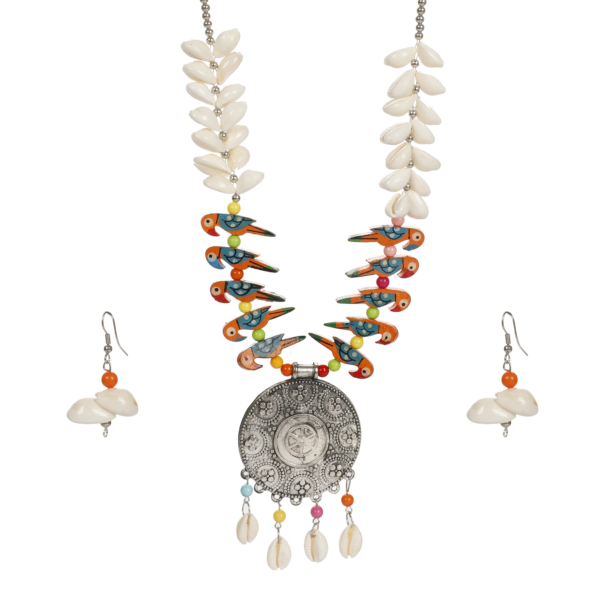 Colorful Bird Beaded Necklace Set with Round Oxidized Pendant & Shell Drops – Boho Tribal Jewelry