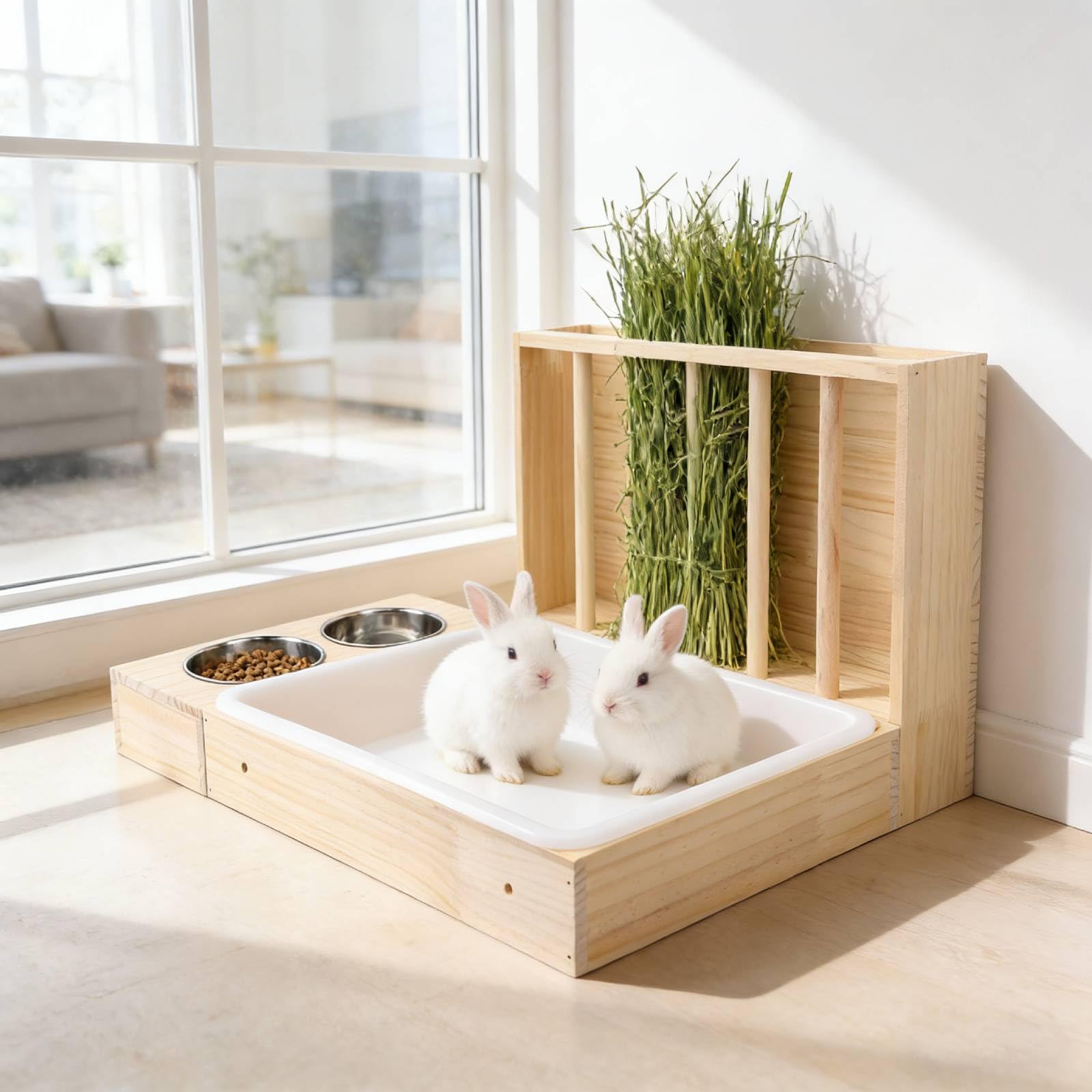 Jaula de visión de Pollo Rutin, alimentador de heno de Conejo, tazones de Acero Inoxidable Conejito de Madera para alimentación de Chinchillas hámster Animales pequeños