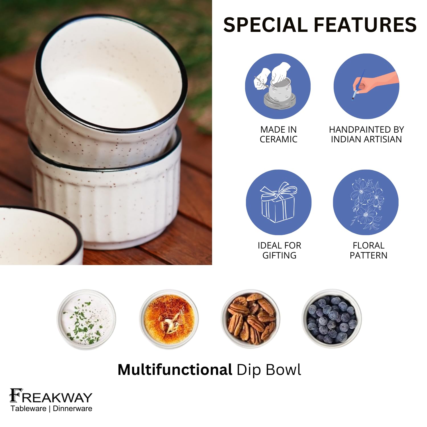 Freakway Hand Painted White Ceramic Dip Bowls | Bowls Set of 2, 40Ml | Bowl for Serving Chutney Bowl/Pickle Bowl/Small (WHT) 3