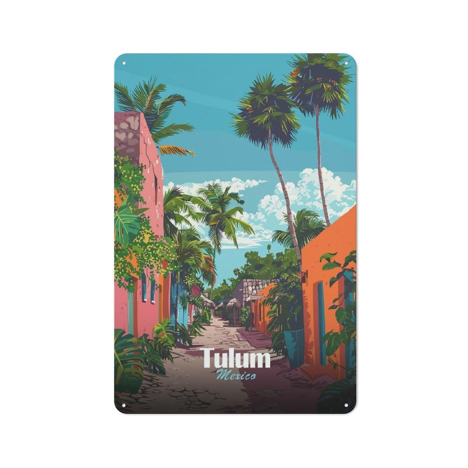 Junmoney Style-20 Tulum Mexico Street Scene Rustic Metal Wall Sign 30X20cm For Bar Or Restaurant, A Decorative Metal Sign For Bars And Restaurants