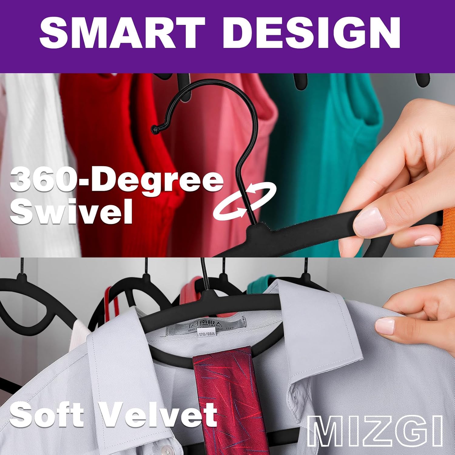MIZGI Premium Velvet Hangers 50-Pack,No Shoulder Bump Hangers W/Tie Bar Ultra Thin Space Saving Non Slip Hanger Heavy Duty Felt Rounded Clothes Hanger for Sweaters,Coat,Jackets,Pants,Shirts - Image 4